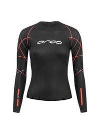 Women's Orca OpenWater RS1 Top showcasing a sleek, black two-piece wetsuit design for flexibility and thermal comfort in open water swimming.