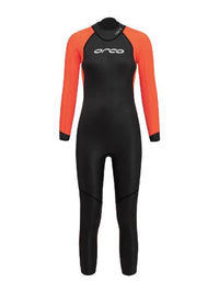 Bright orange panels on the ORCA Openwater Core Hi-Vis Women's Wetsuit ensure maximum visibility and safety in open water.