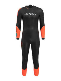 Sleek black and neon ORCA Openwater SW Men's Wetsuit, designed for safety with high-visibility accents for open water swimming.