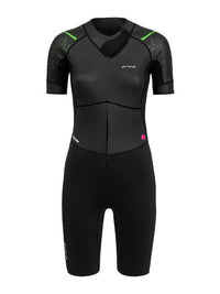 Women's ORCA SwimRun Vanir Flex Wetsuit in sleek black, showcasing a flexible design with a front zipper for comfort.