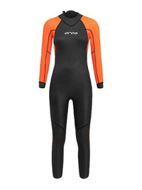 Bright orange panels on the women's ORCA Vitalis Openwater Hi-Vis Wetsuit ensure standout visibility in open sea swimming.