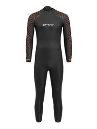 Men’s ORCA Vitalis Openwater TRN Wetsuit in black with vibrant orange accents, designed for flexible and buoyant open water swimming.