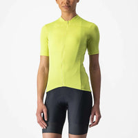 Vibrant women's Castelli Anima 4 Jersey in a solid color, featuring a sleek fit, subtle logos, and reflective stripes for visibility.