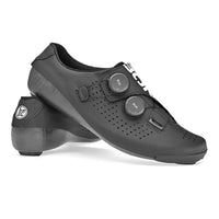 Sleek black and white Bont Vaypor SL Wide Fit cycling shoe with a lightweight carbon fiber sole and dual BOA dials for a precise, secure fit.
