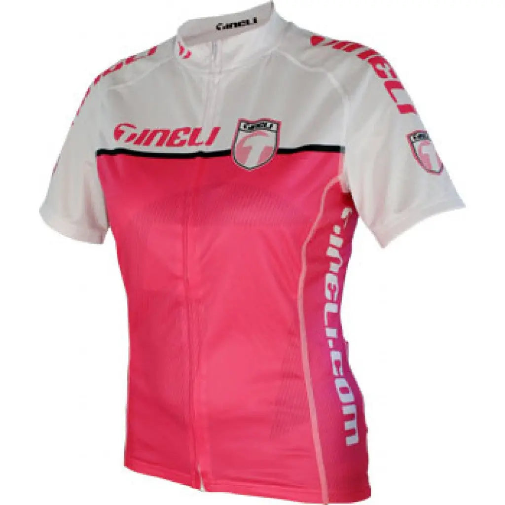 Vibrant pink Tineli Team women's cycling jersey with a sleek full-length zip and three handy rear pockets for storage.