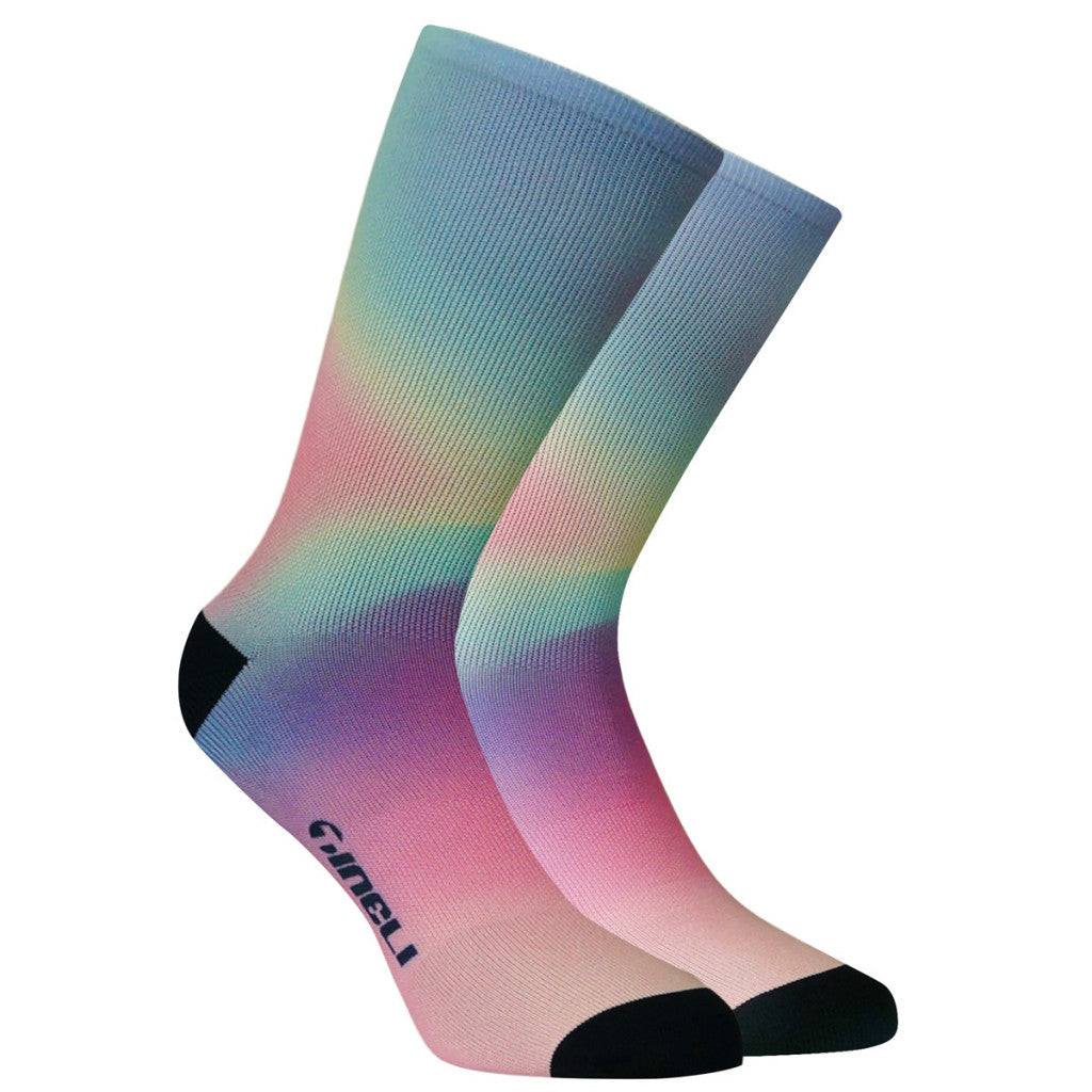 Stylish Aurora Socks in vibrant colors, designed for road cycling with mesh ventilation and a snug, cycle-specific fit.