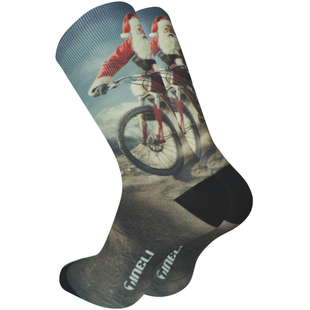 Festive Santa Christmas Cycling Socks showcasing Santa zooming downhill, blending holiday cheer with comfy, durable style.