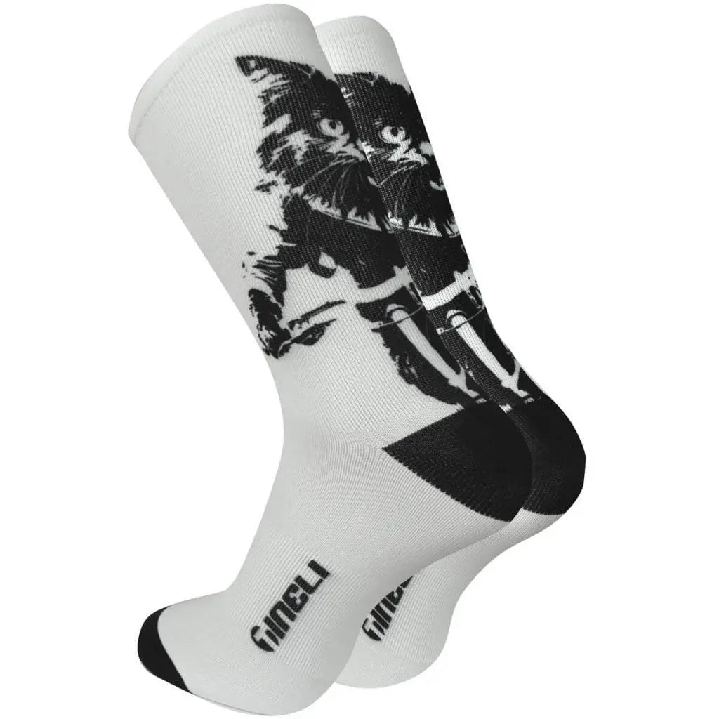 Playful black and white cat design on Trail Cat Socks, perfect for adding fun and style to your mountain biking adventures.