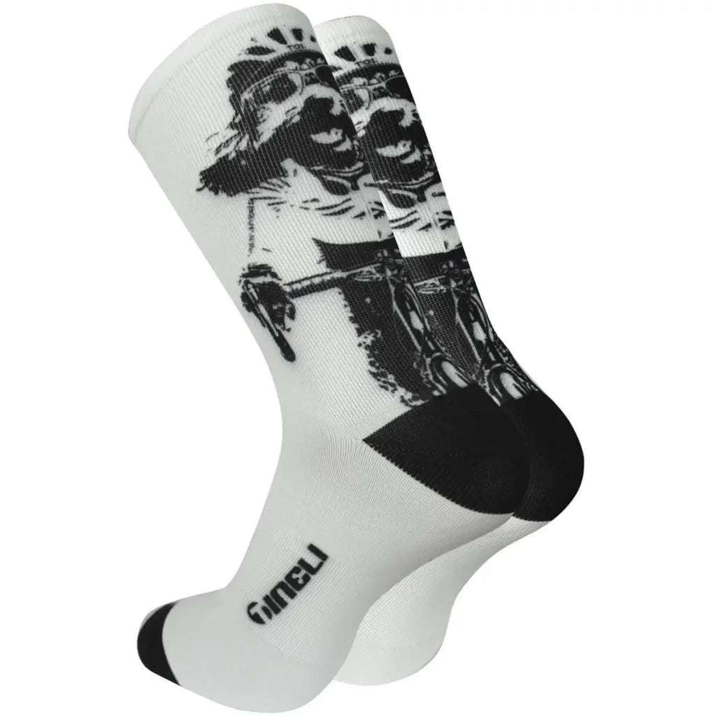 Playful Road Dog socks featuring a black and white Spoodle roadie dog design, perfect for stylish and comfy cycling.