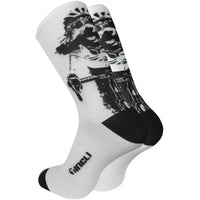Playful Road Dog socks featuring a black and white Spoodle roadie dog design, perfect for stylish and comfy cycling.