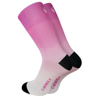 Vibrant Esker Socks designed for road cycling, featuring breathable mesh ventilation and a snug, cycle-specific fit.