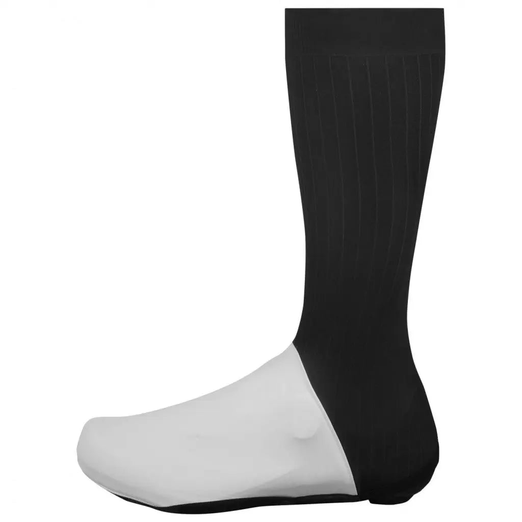 Sleek black aero shoecovers with a long, ribbed calf design, crafted to reduce drag and boost cycling performance.