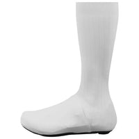 Sleek white aero shoecovers with a long ribbed calf design, crafted for speed and aerodynamic performance on the bike.
