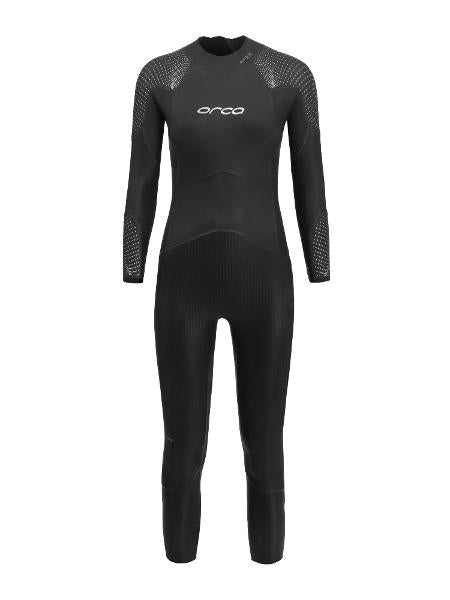 Sleek black ORCA APEX FLOW Women's Wetsuit, showcasing advanced flexibility and buoyancy for elite triathlon performance.