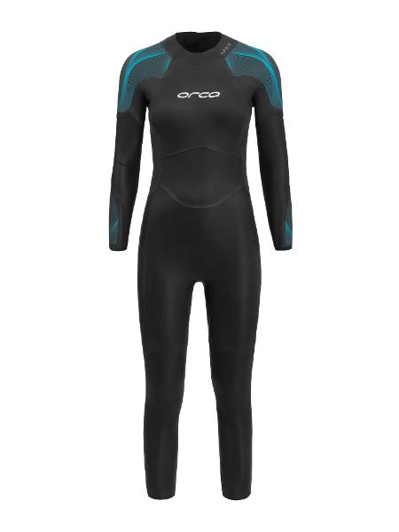 Sleek black ORCA APEX FLEX Women's Wetsuit, showcasing ultra-flexible fabric and a unique short, inverted zipper design.