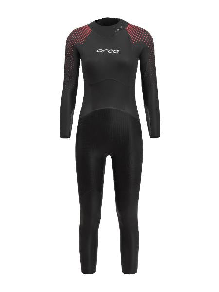 Women's ORCA APEX FLOAT Wetsuit in sleek black, designed for triathletes with buoyant panels for optimal water support.
