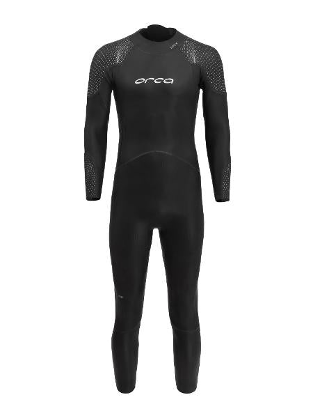 Sleek black ORCA APEX FLOW Men's Wetsuit, showcasing advanced flexibility and buoyancy for elite triathlon performance.