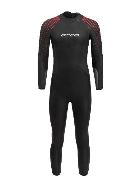 Men's ORCA APEX FLOAT Wetsuit in black and orange, designed for maximum buoyancy and flexibility in triathlon swimming.