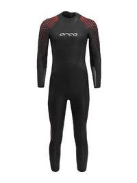 Men's ORCA APEX FLOAT Wetsuit in black and orange, designed for maximum buoyancy and flexibility in triathlon swimming.