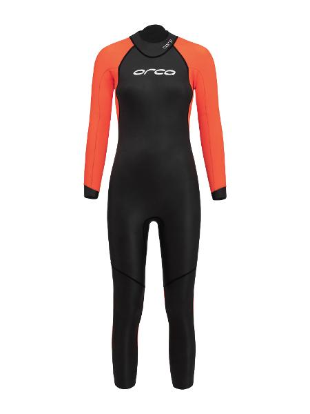 Bright orange panels on the ORCA Openwater Core Hi-Vis Women's Wetsuit ensure maximum visibility and safety in open water.
