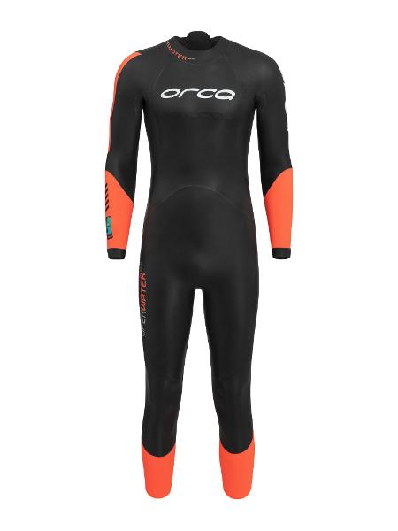Sleek black and neon ORCA Openwater SW Men's Wetsuit, designed for safety with high-visibility accents for open water swimming.