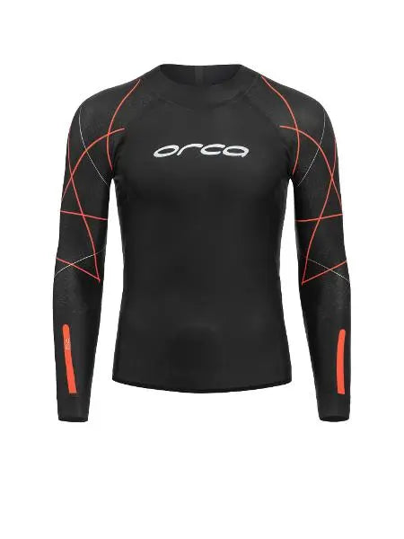 Men's Orca OpenWater RS1 Top showcasing a flexible, black two-piece wetsuit design for optimal fit and thermal insulation.