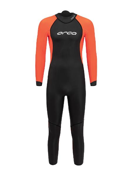 Vibrant orange panels on the ORCA Openwater Core Hi-Vis Men's Wetsuit ensure maximum visibility during open water swims.
