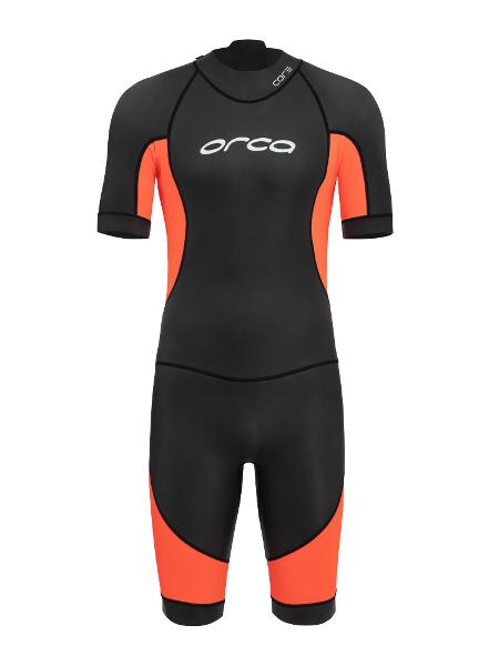 Vibrant men's ORCA Openwater Core Swimskin in bright colors, showcasing flexibility and buoyancy for safe warm-water swimming.