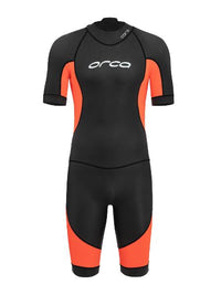 Vibrant men's ORCA Openwater Core Swimskin in bright colors, showcasing flexibility and buoyancy for safe warm-water swimming.