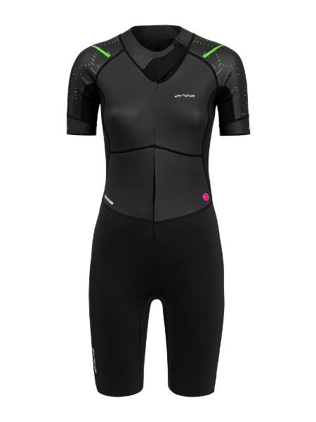 Women's ORCA SwimRun Vanir Flex Wetsuit in sleek black, showcasing a flexible design with a front zipper for comfort.