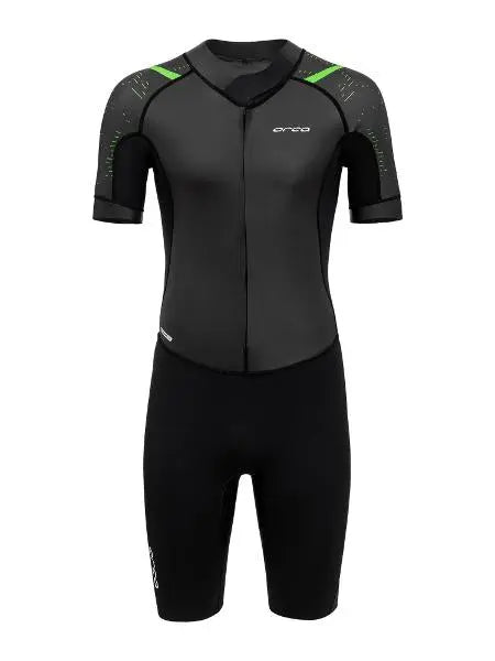 Men's ORCA SwimRun Vanir Flex Wetsuit in black, showcasing a sleek design with a front zipper for ultimate comfort.