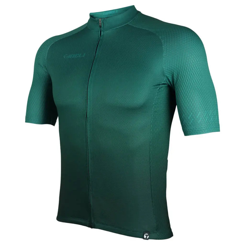 Vibrant green cycling jersey with breathable waffle fabric on sleeves and sides, designed for a sleek, aerodynamic fit.
