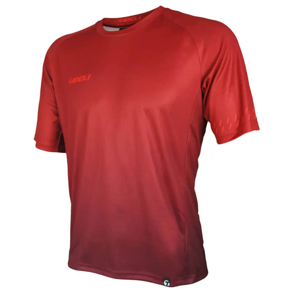 Vibrant red trail jersey with a relaxed fit, featuring a zipped hip pocket and durable double-stitched hems for cycling.
