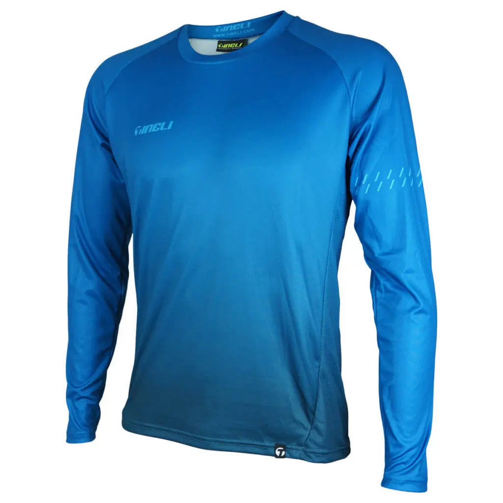 Vibrant blue long sleeve MTB trail jersey with a rugged design, ideal for enduro and DH riding, featuring a zipped hip pocket.