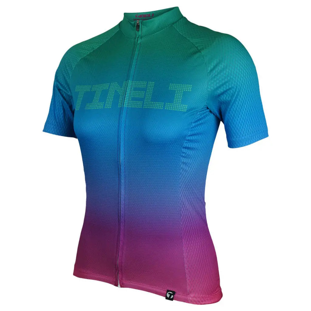 Women's Vegas Jersey in a sleek race cut, featuring breathable vent fabric, aero waffle texture, and a secure silicone hem.