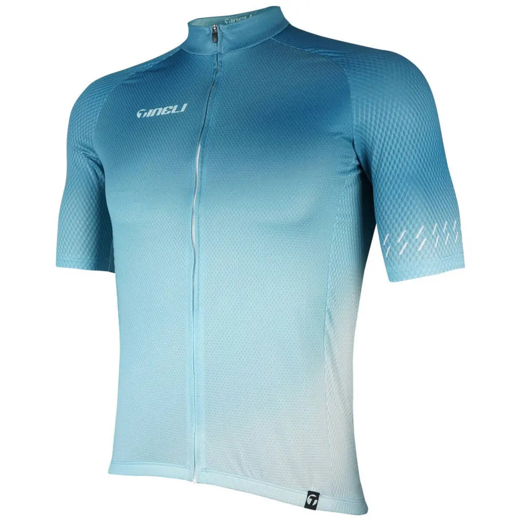 Cyclist wearing a Steel Blue Core Cycling Jersey with breathable vent fabric, waffle-textured sleeves, and a sleek full-length zip.