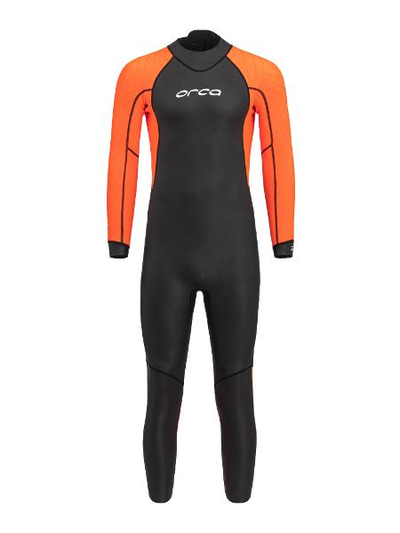 Bright orange panels on the ORCA Vitalis Openwater Hi-Vis Men's Wetsuit ensure maximum visibility in open sea swimming.