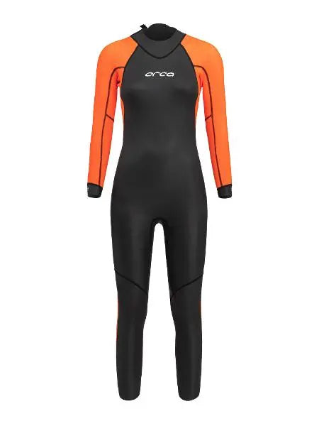 Bright orange panels on the women's ORCA Vitalis Openwater Hi-Vis Wetsuit ensure standout visibility in open sea swimming.