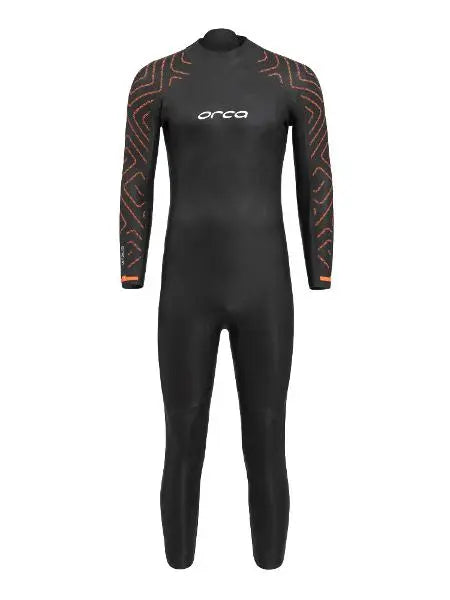 Men’s ORCA Vitalis Openwater TRN Wetsuit in black with vibrant orange accents, designed for flexible and buoyant open water swimming.