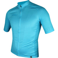 Men's Azure Core Jersey in vibrant blue, featuring breathable QuickDry fabric, waffle-textured sleeves, and a sleek invisible zip.