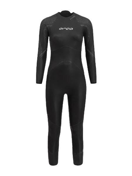 Sleek black ORCA ATHLEX FLOW Women's Wetsuit with high-elasticity upper body and buoyant leg panels for triathlon performance.