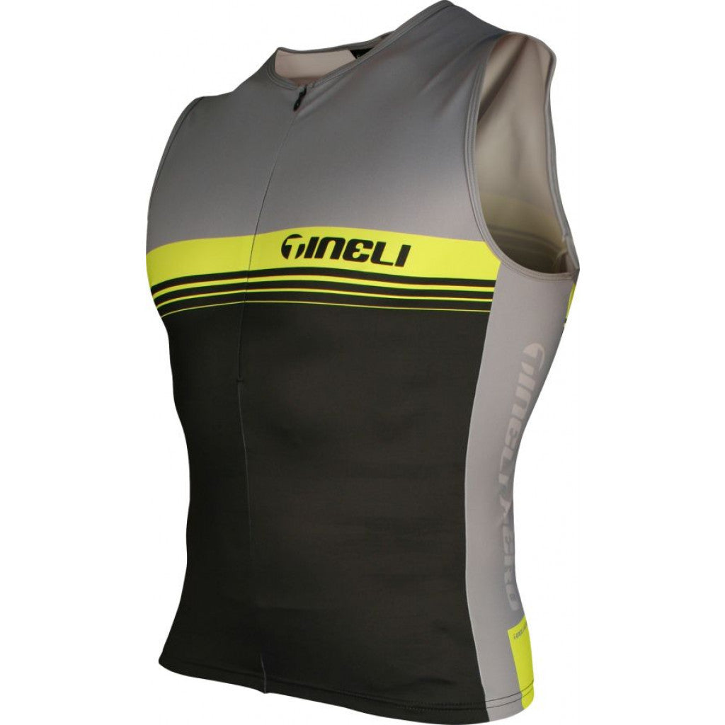 Vibrant yellow men's tri top with short sleeves, designed for aerodynamic performance and a sleek, race-ready fit.