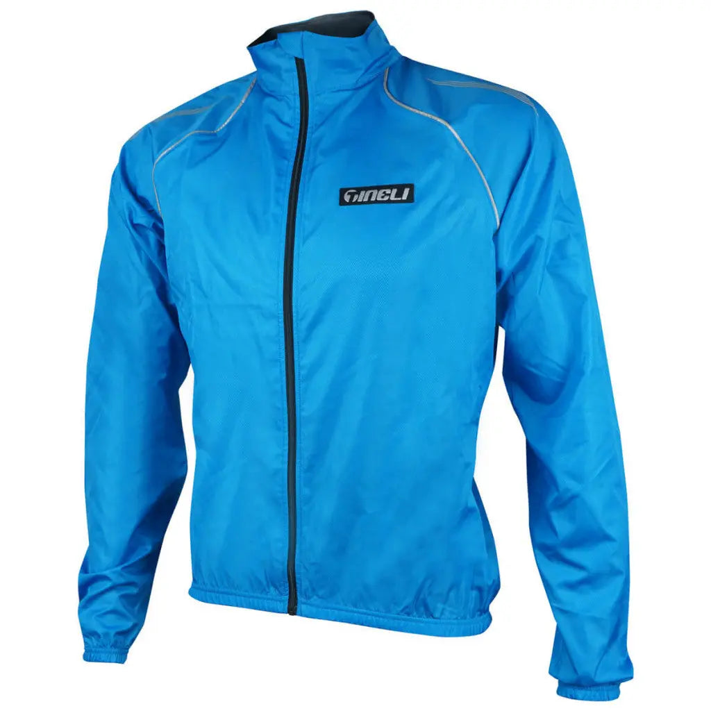 Vibrant sky blue windbreaker jacket with reflective piping, designed for cyclists with a sleek, windproof fit.