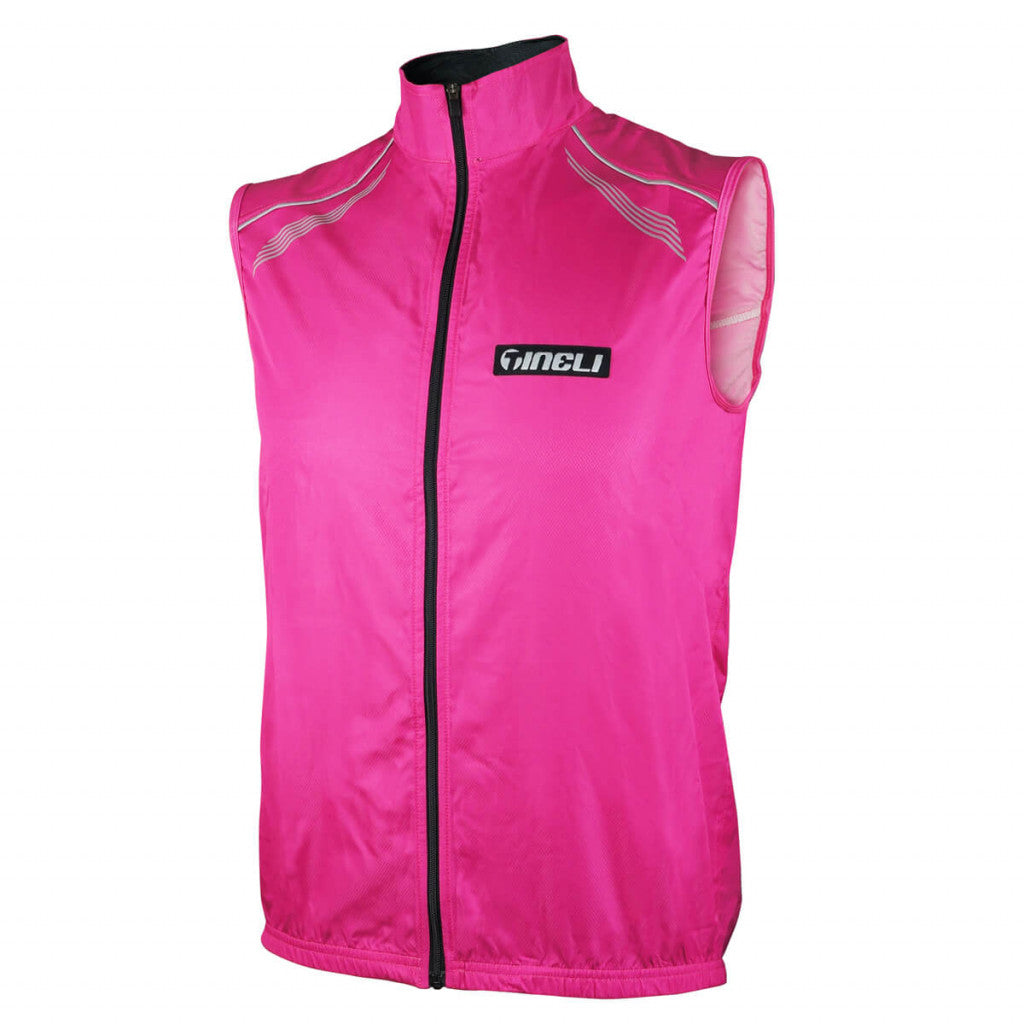 Bright pink high-visibility cycling vest with reflective piping, designed for safety and style on every ride.