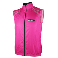 Bright pink high-visibility cycling vest with reflective piping, designed for safety and style on every ride.