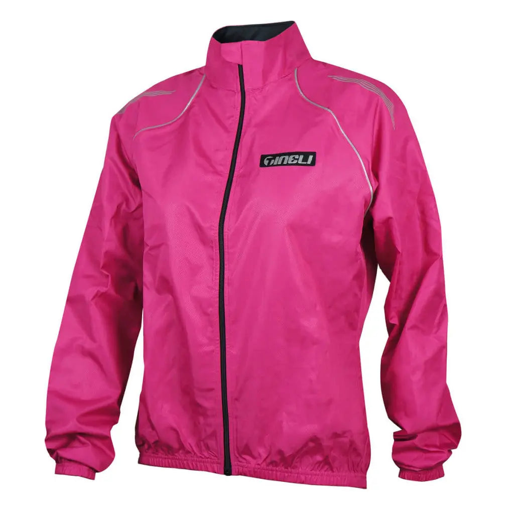 Vibrant hot pink windbreaker jacket for cycling, featuring reflective piping for visibility and a sleek, foldable design.