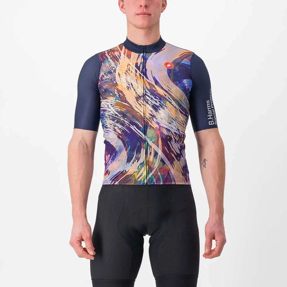 Vibrant Castelli Squadra Swipe Jersey in a limited edition design, featuring bold, artistic patterns inspired by Bradley Harms' colorful cycling art.