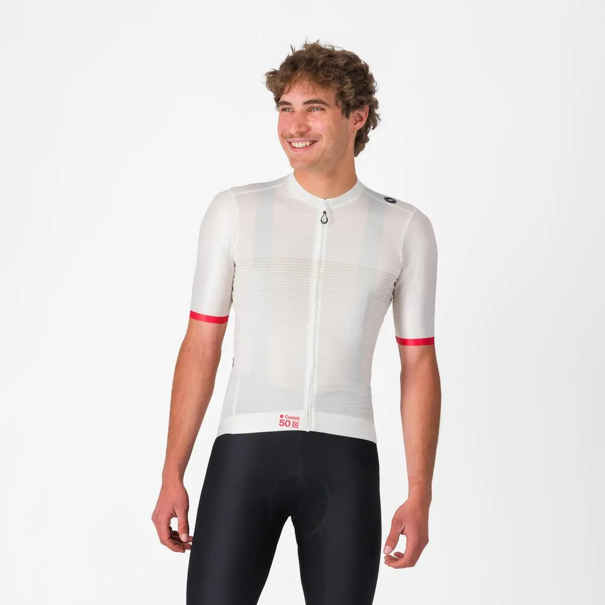 Vibrant Castelli Espresso 50 Jersey in a sleek, tailored fit, featuring breathable fabric and raw-cut sleeves for cycling comfort.