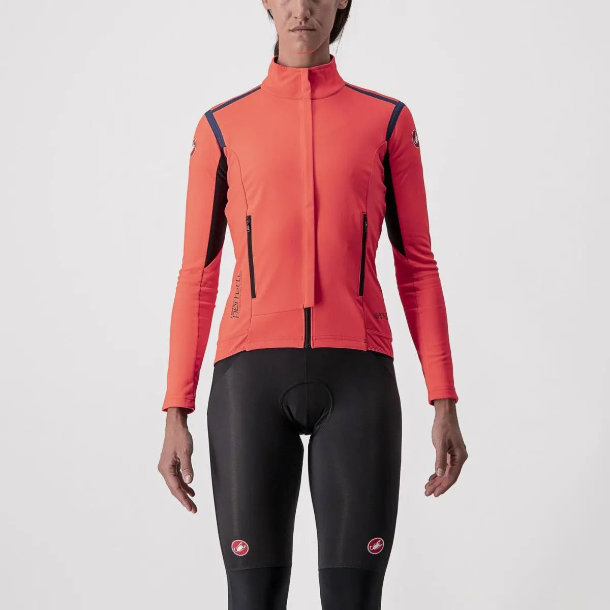 Women's Castelli Perfetto RoS Jacket in a stylish graphic print, designed for cool-weather cycling with windproof, water-resistant fabric.