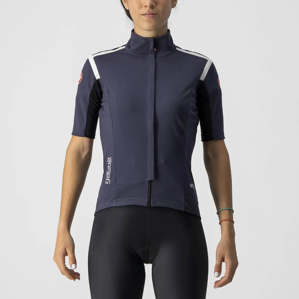 Women's Castelli Gabba RoS short-sleeve jacket in sleek design, featuring water-resistant GORE-TEX fabric and reflective details.